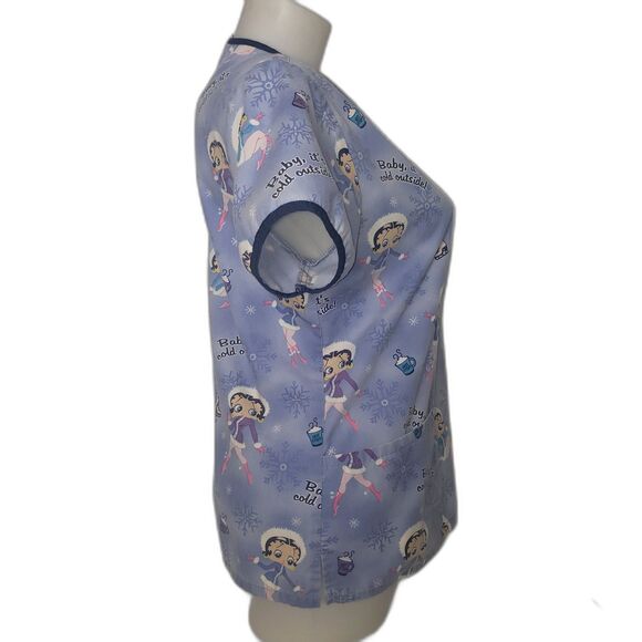 BETTY BOOP Baby Its Cold Outside Blue Scrub Scrubs Top Womens Size Small - Picture 2 of 6